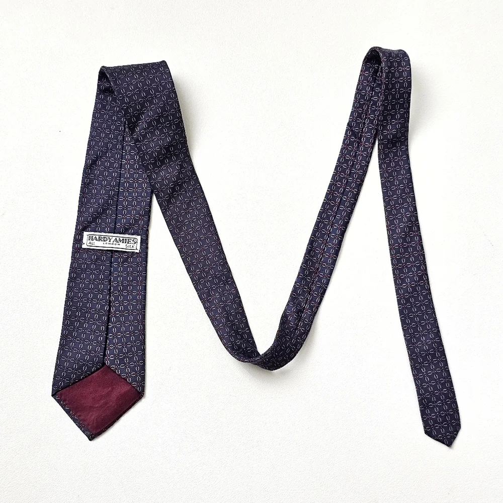 Vintage Hardy Amies London Silk Tie Navy Red Geometric Chain Pattern Luxury